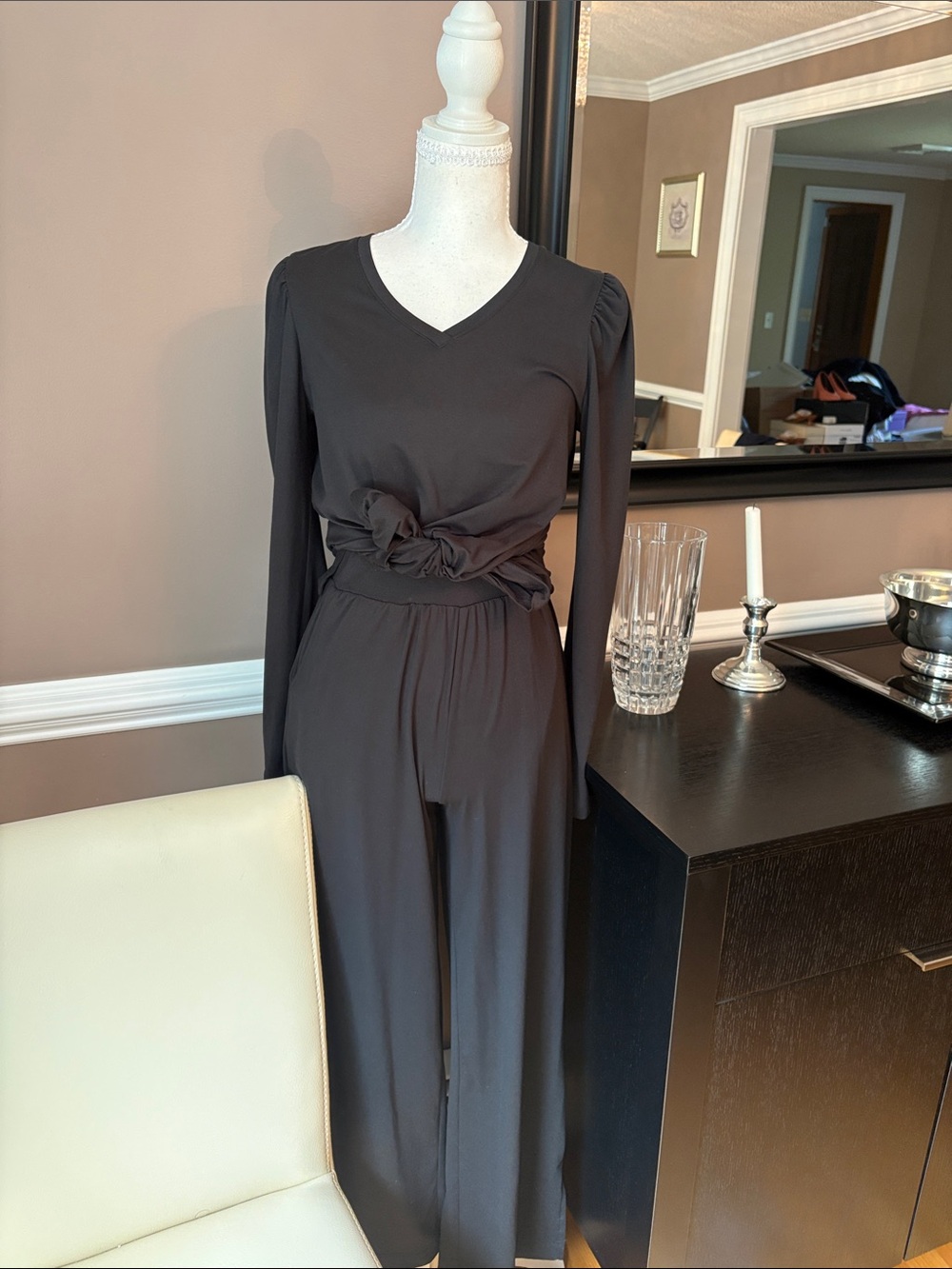 Women's Black Long-Sleeve 2 Piece Set- with Tie Waist